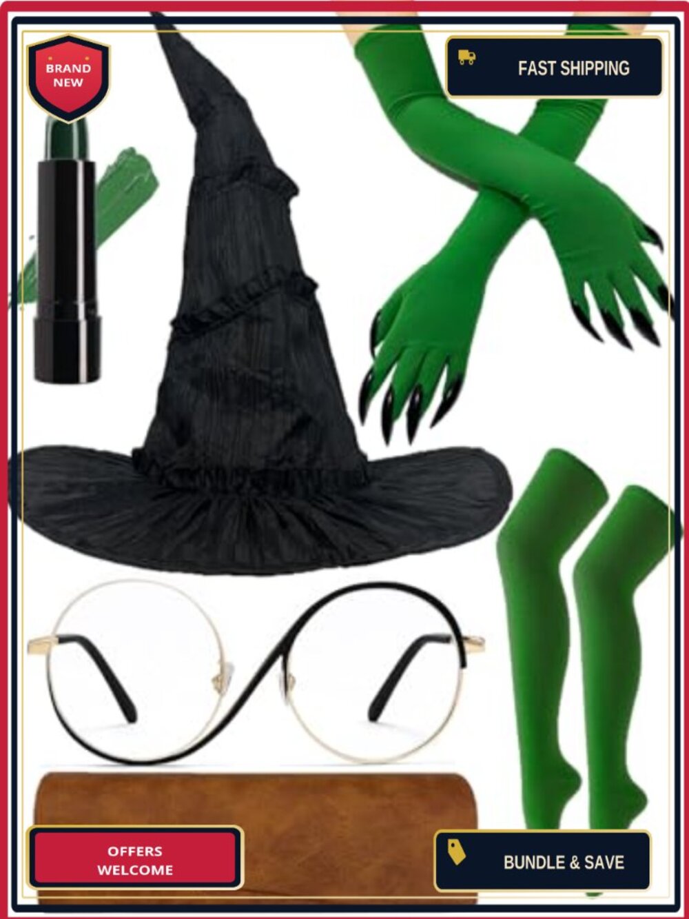 Witch Costume Set Hat Glasses Gloves Socks Halloween Cosplay